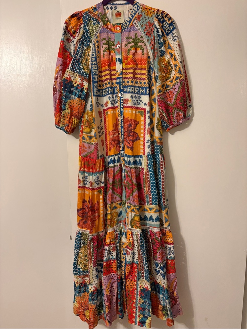 FARM Rio Colorful Patchwork Button-Front Maxi Dress New without Tags.